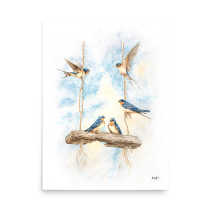 Lightness of Being — watercolor swallows reproduced as a luster photo paper poster by Kate-list